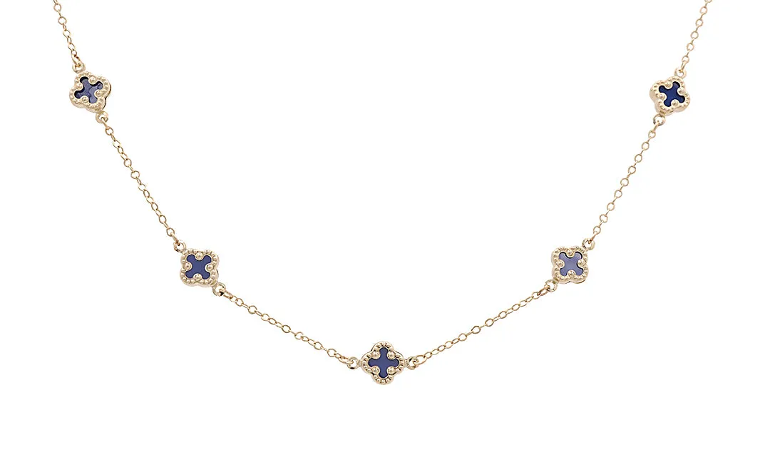 10K Yellow Gold Blue Flowers Necklace