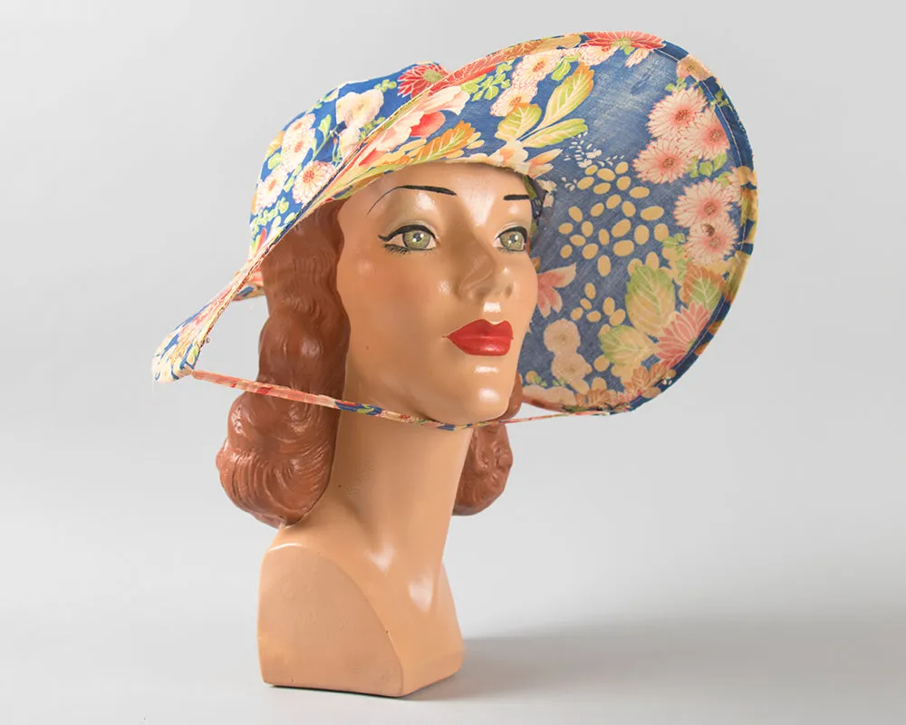 1920s Crushable / Packable Chinese Floral Cotton Sun Hat | medium/large
