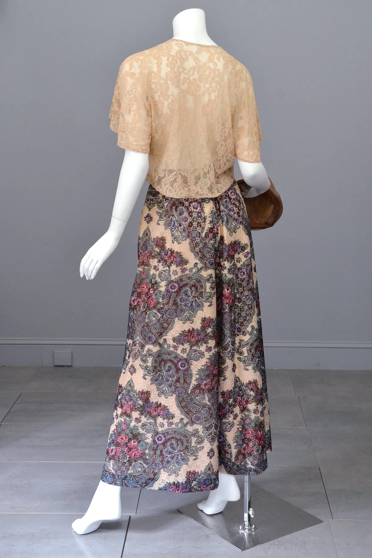1970s Lacey Floral Print Palazzo Pants