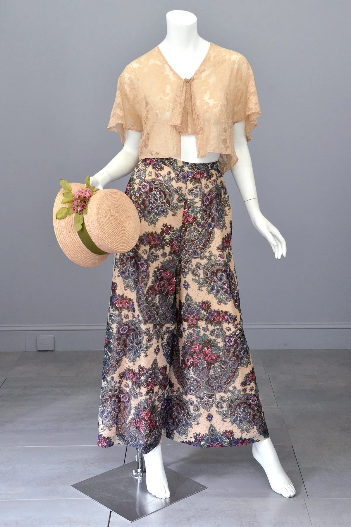 1970s Lacey Floral Print Palazzo Pants