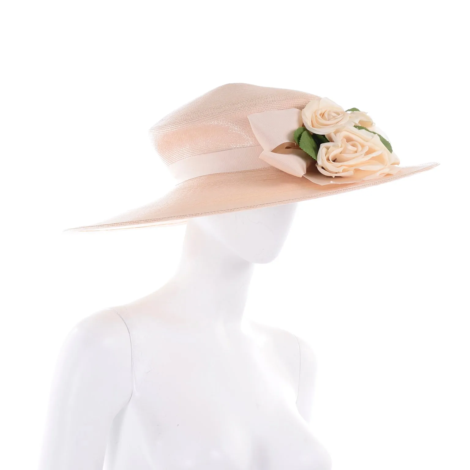 1980s Frank Olive Vintage Cream Straw Hat w Satin Rose Flowers