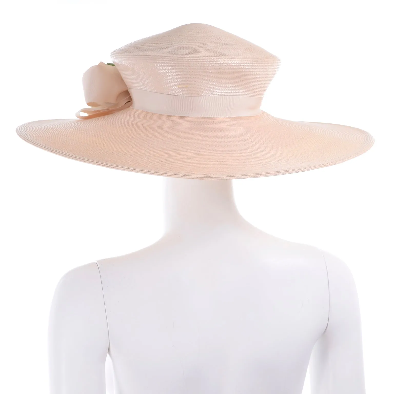 1980s Frank Olive Vintage Cream Straw Hat w Satin Rose Flowers