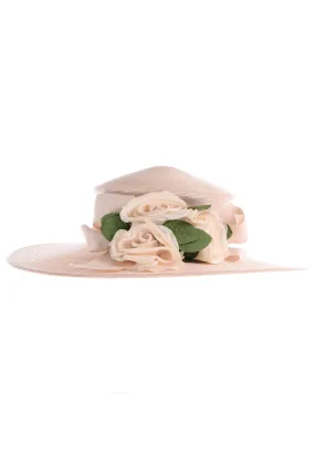1980s Frank Olive Vintage Cream Straw Hat w Satin Rose Flowers