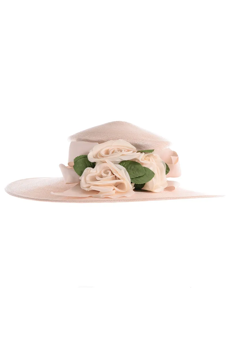 1980s Frank Olive Vintage Cream Straw Hat w Satin Rose Flowers