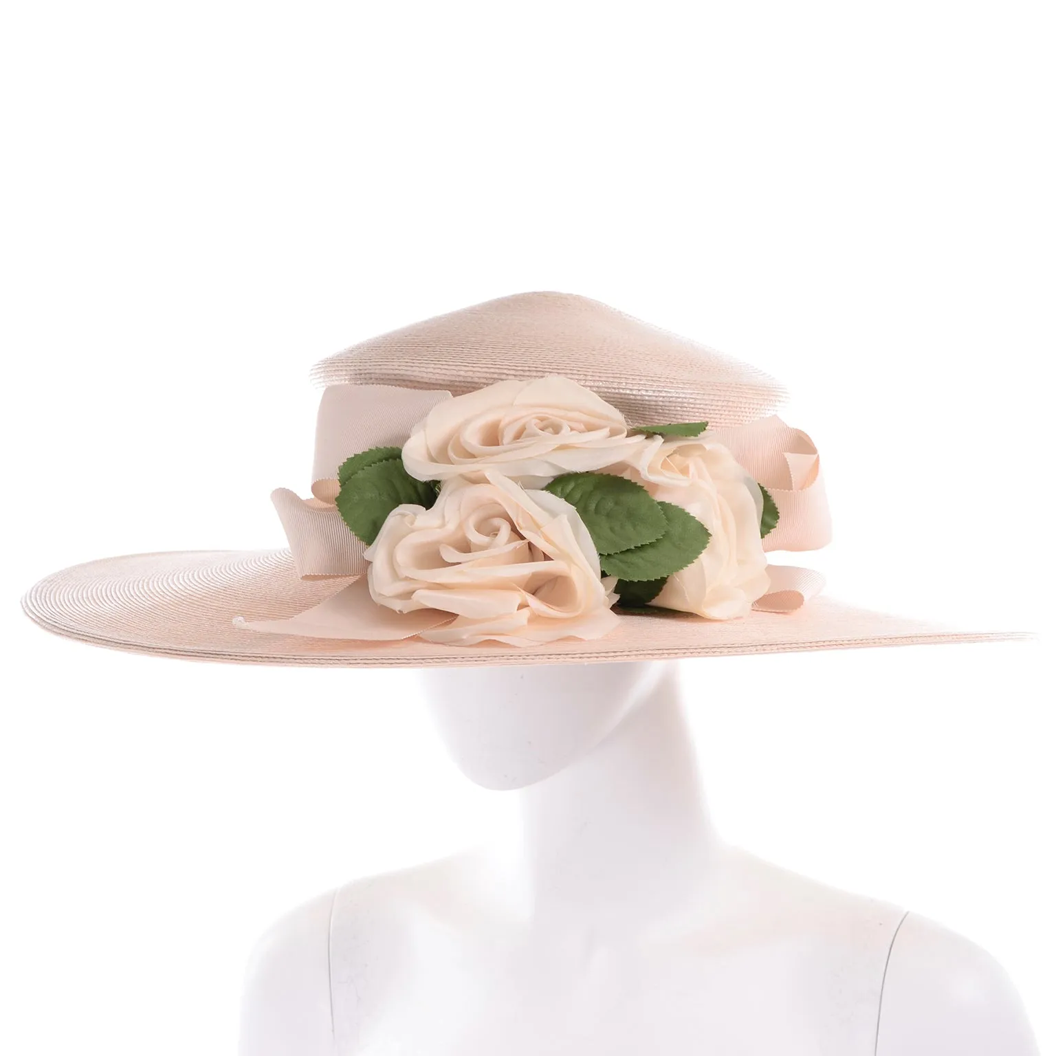 1980s Frank Olive Vintage Cream Straw Hat w Satin Rose Flowers