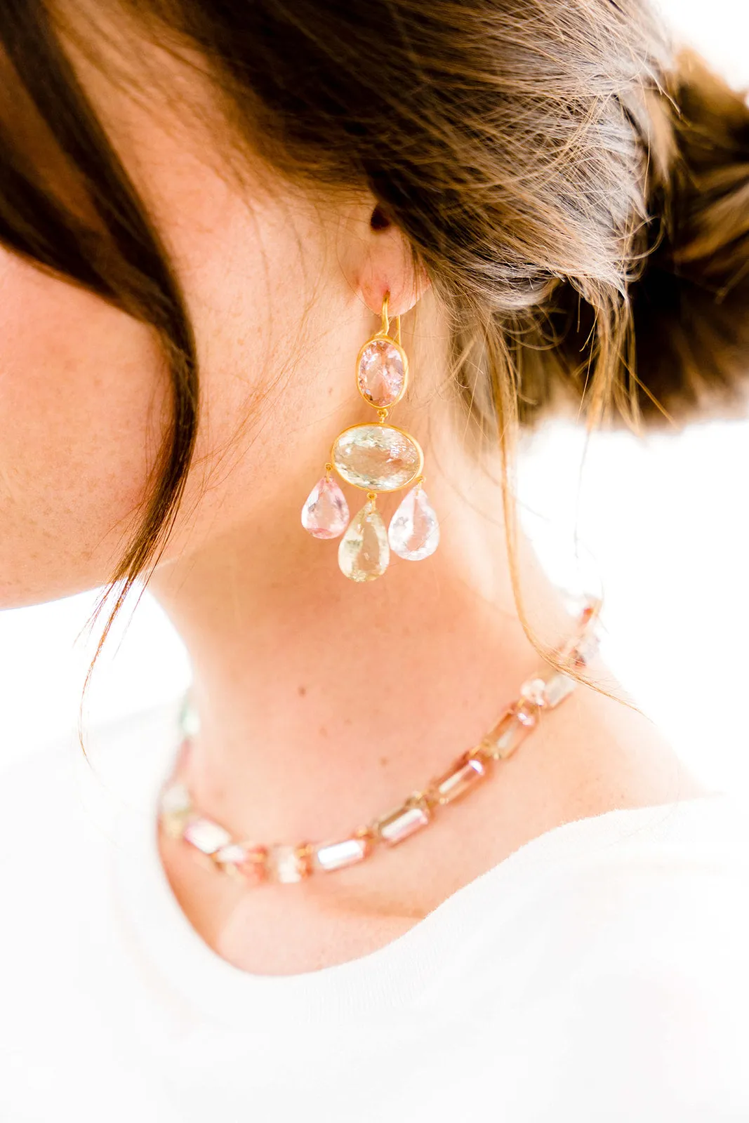 22K Yellow Gold Pastel Tourmaline and Morganite Gabrielle D'Estree Earrings
