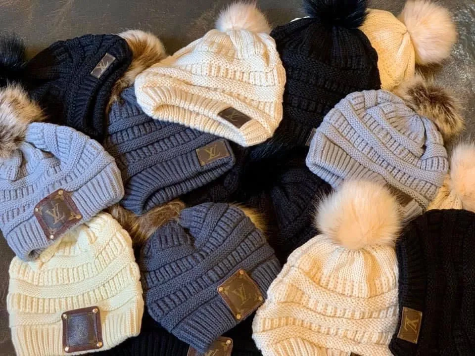 Beanie with LV patch and antique hardware in grey