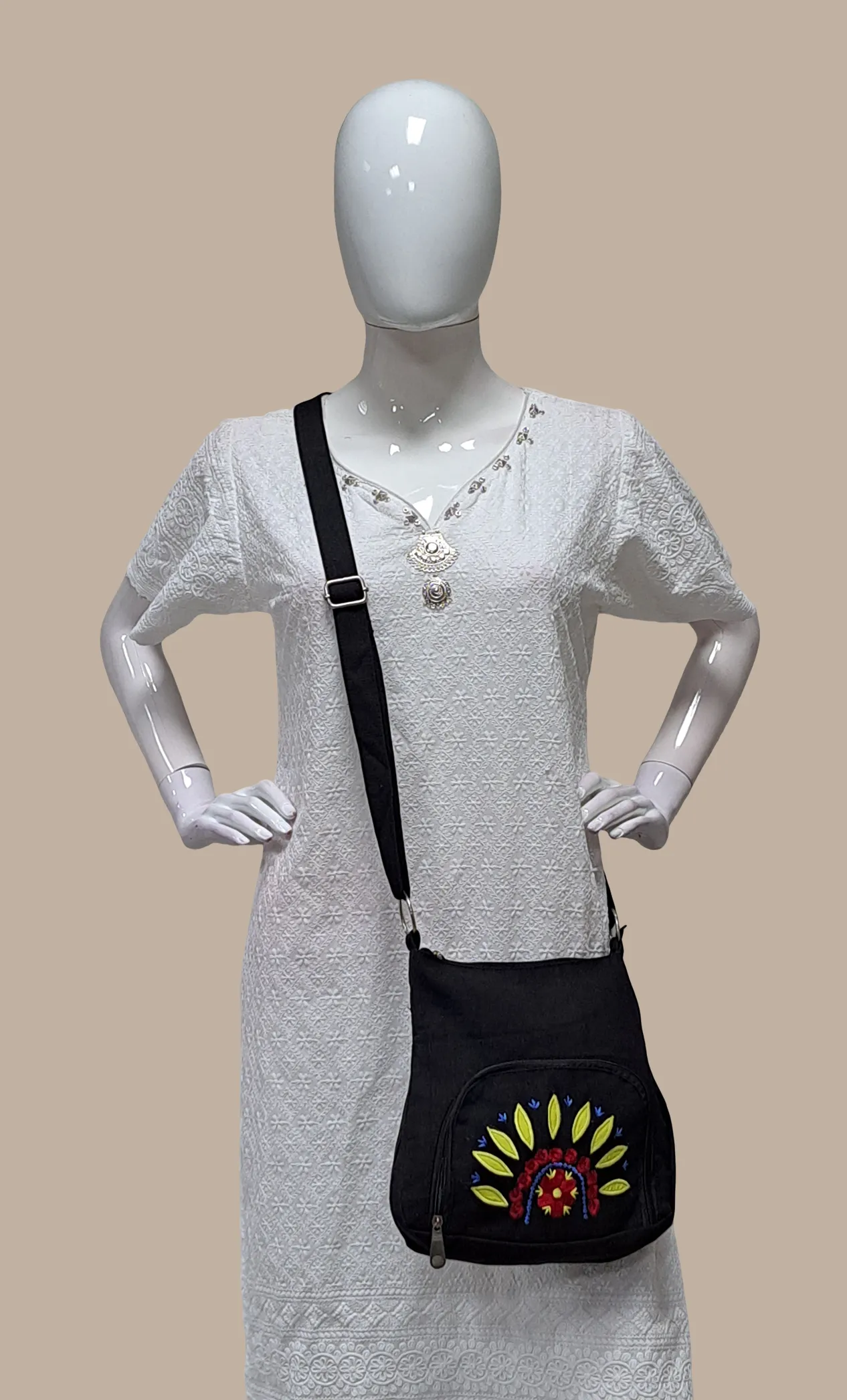 Black Embroidered Sling Bag
