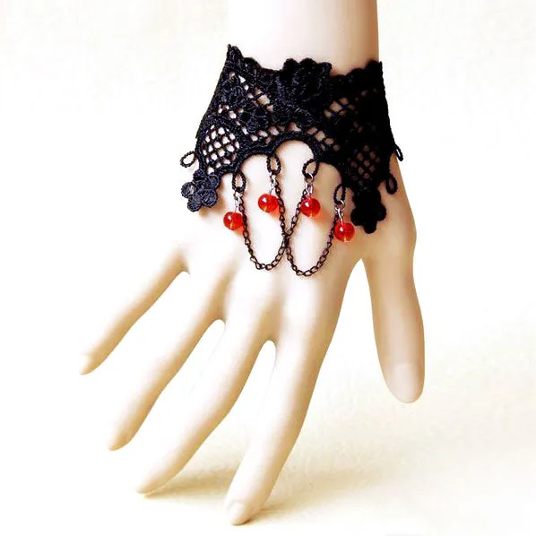 Black Lace Bracelet w/ Chain Tassels & Beads