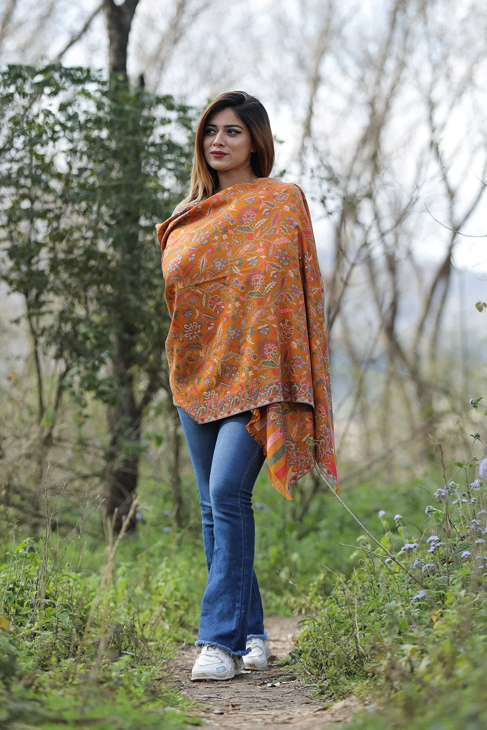 Charismatic Kashmiri Mustard Colour Designer Shawl With Beautifully Highlighted With Floral pattern A Sure to Give You Warm Look.