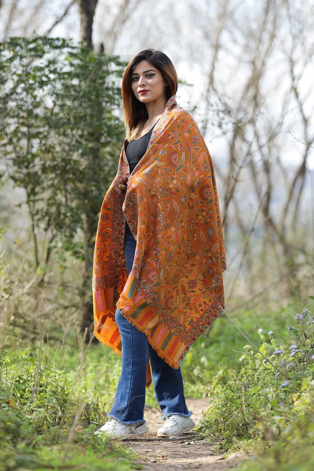 Charismatic Kashmiri Mustard Colour Designer Shawl With Beautifully Highlighted With Floral pattern A Sure to Give You Warm Look.