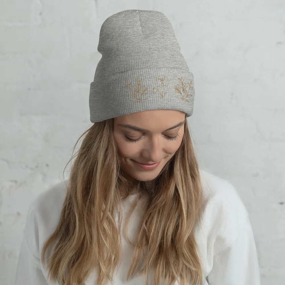 Floral Nature embroidered cuffed beanie