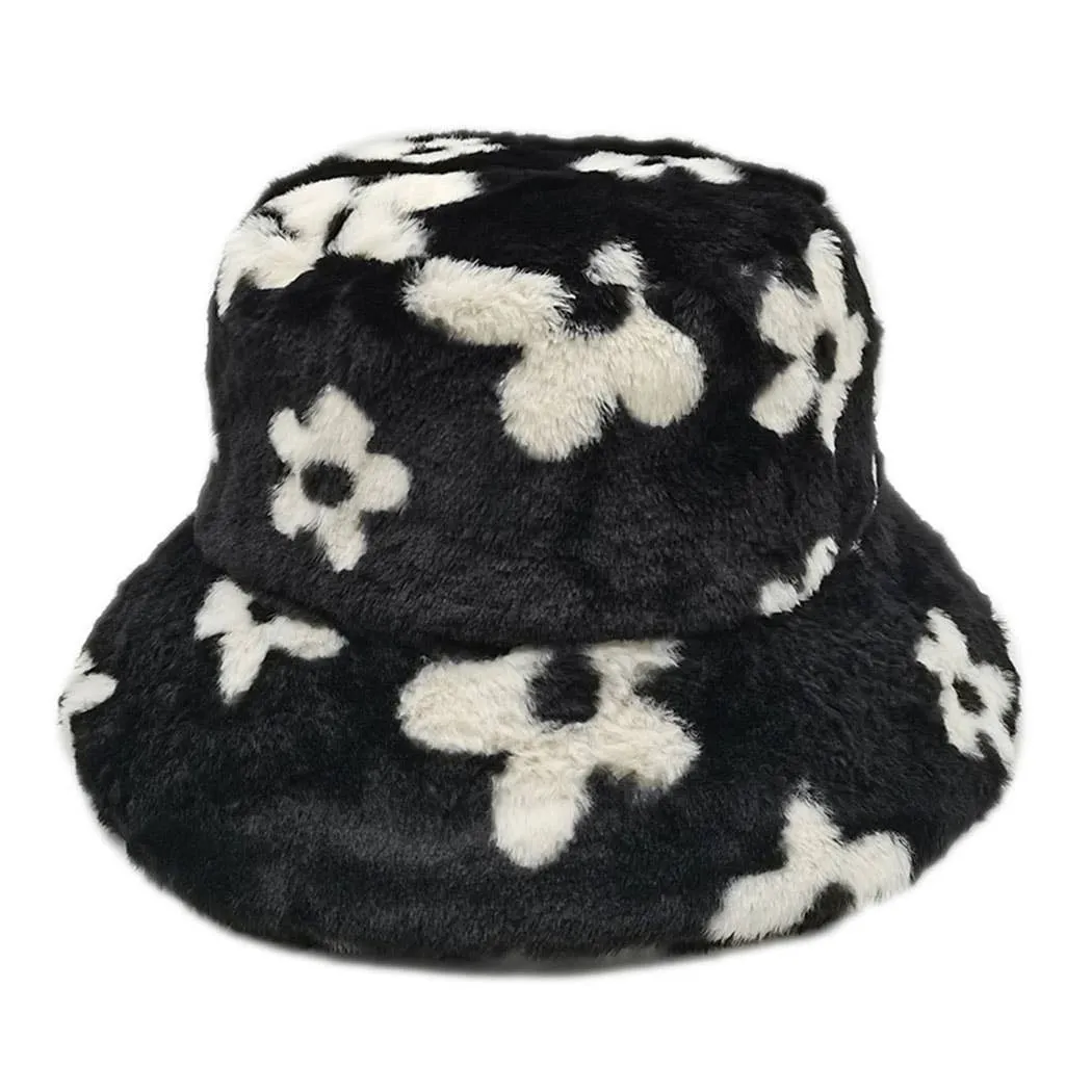Floral Printed Faux Fur Bucket Hat