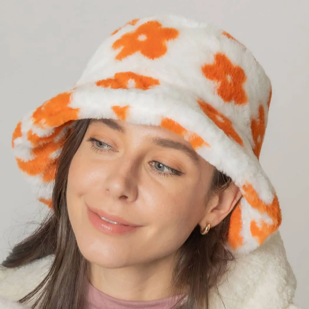 Floral Printed Faux Fur Bucket Hat