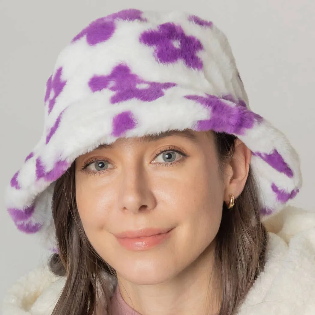 Floral Printed Faux Fur Bucket Hat