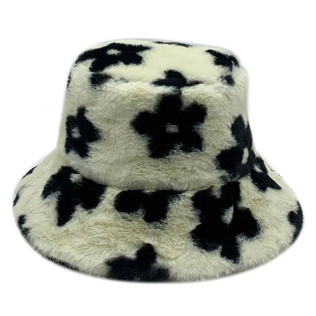 Floral Printed Faux Fur Bucket Hat