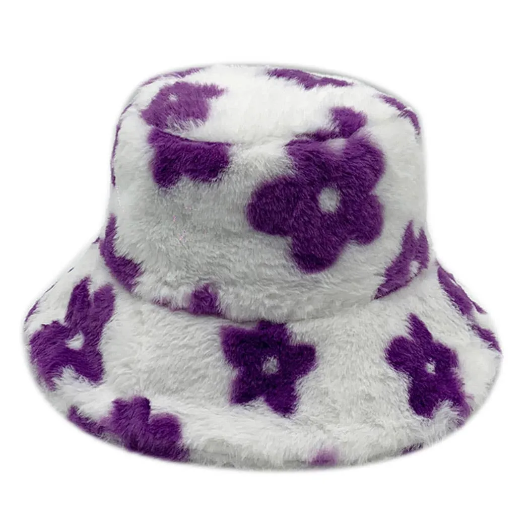 Floral Printed Faux Fur Bucket Hat