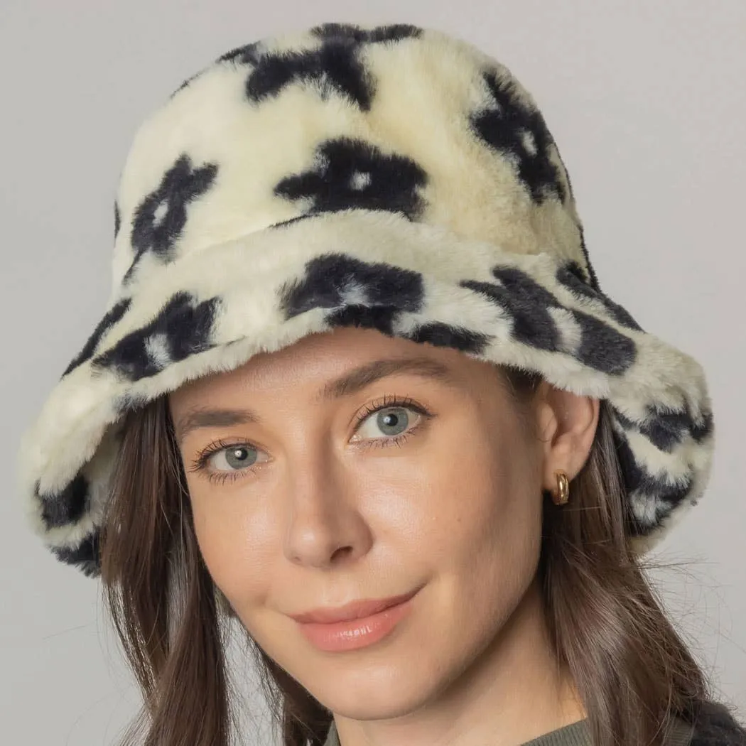 Floral Printed Faux Fur Bucket Hat