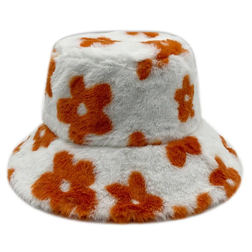 Floral Printed Faux Fur Bucket Hat