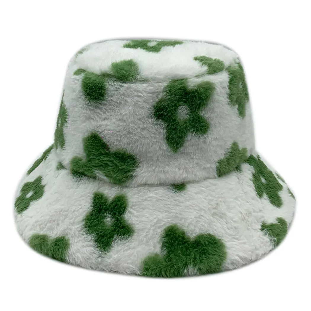 Floral Printed Faux Fur Bucket Hat
