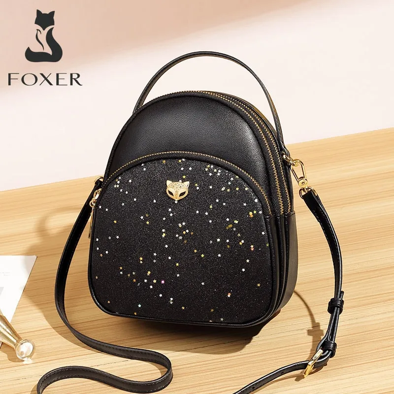 Foxer Glett & Cowhide Girl's Mini Crossbody Bag Multilayer Women Shoulder Bag Female Stylish Totes Lady Luxury Messenger Bag