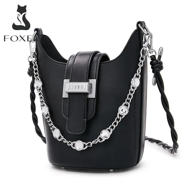 FOXER Ladies Split Leather Shoulder Bag Luxury Diamond Bucket Evening Bag Fashion High Quality Small Handbag Brand New Woman Bag