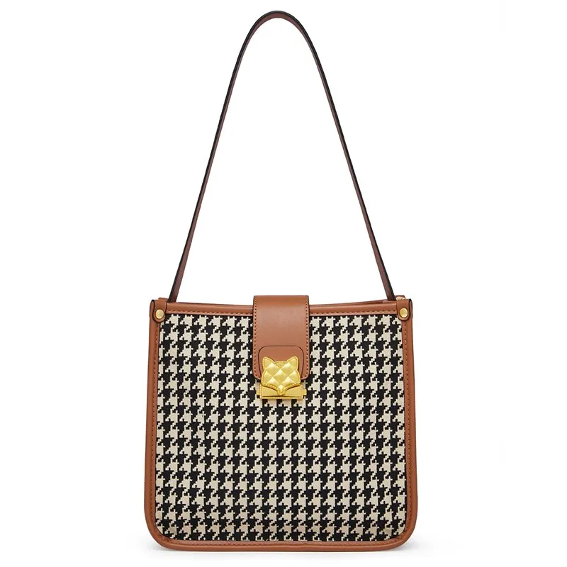 FOXER Lady New Houndstooth Commuter Shoulder Bag Autumn And Winter Large-Capacity Retro Portable Bucket Bag Underarm Female Bag