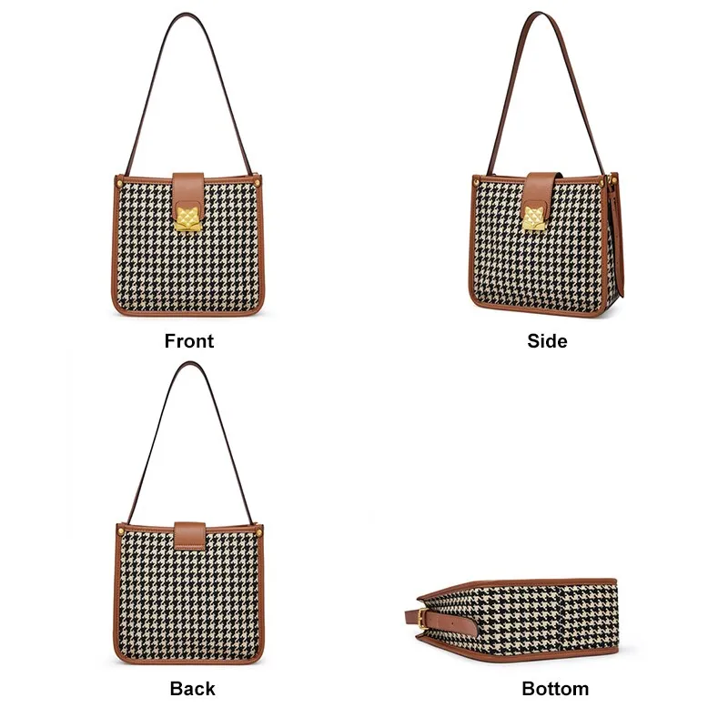 FOXER Lady New Houndstooth Commuter Shoulder Bag Autumn And Winter Large-Capacity Retro Portable Bucket Bag Underarm Female Bag