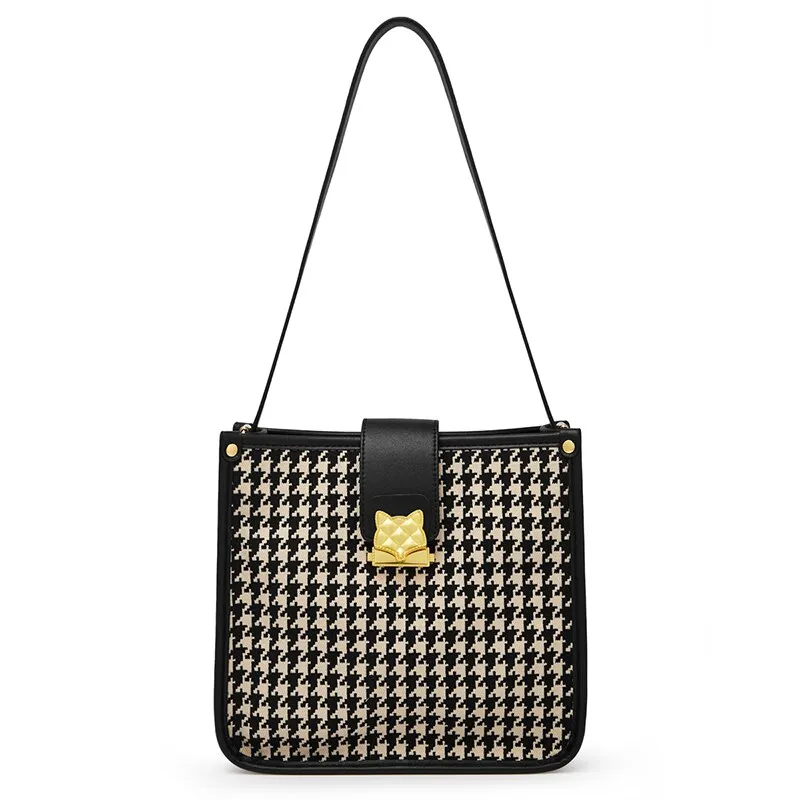 FOXER Lady New Houndstooth Commuter Shoulder Bag Autumn And Winter Large-Capacity Retro Portable Bucket Bag Underarm Female Bag