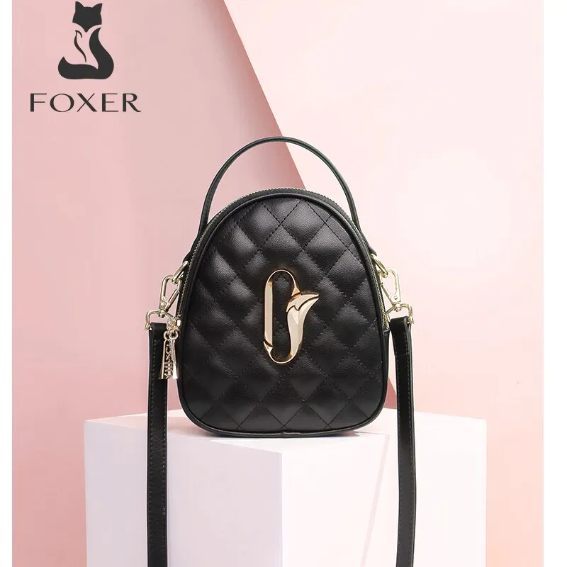 FOXER Women Mini Cross body Bag Fashion Round Tote for Girl Cow Leather Small Messenger Bag Multifunction Lady Stylish Purse