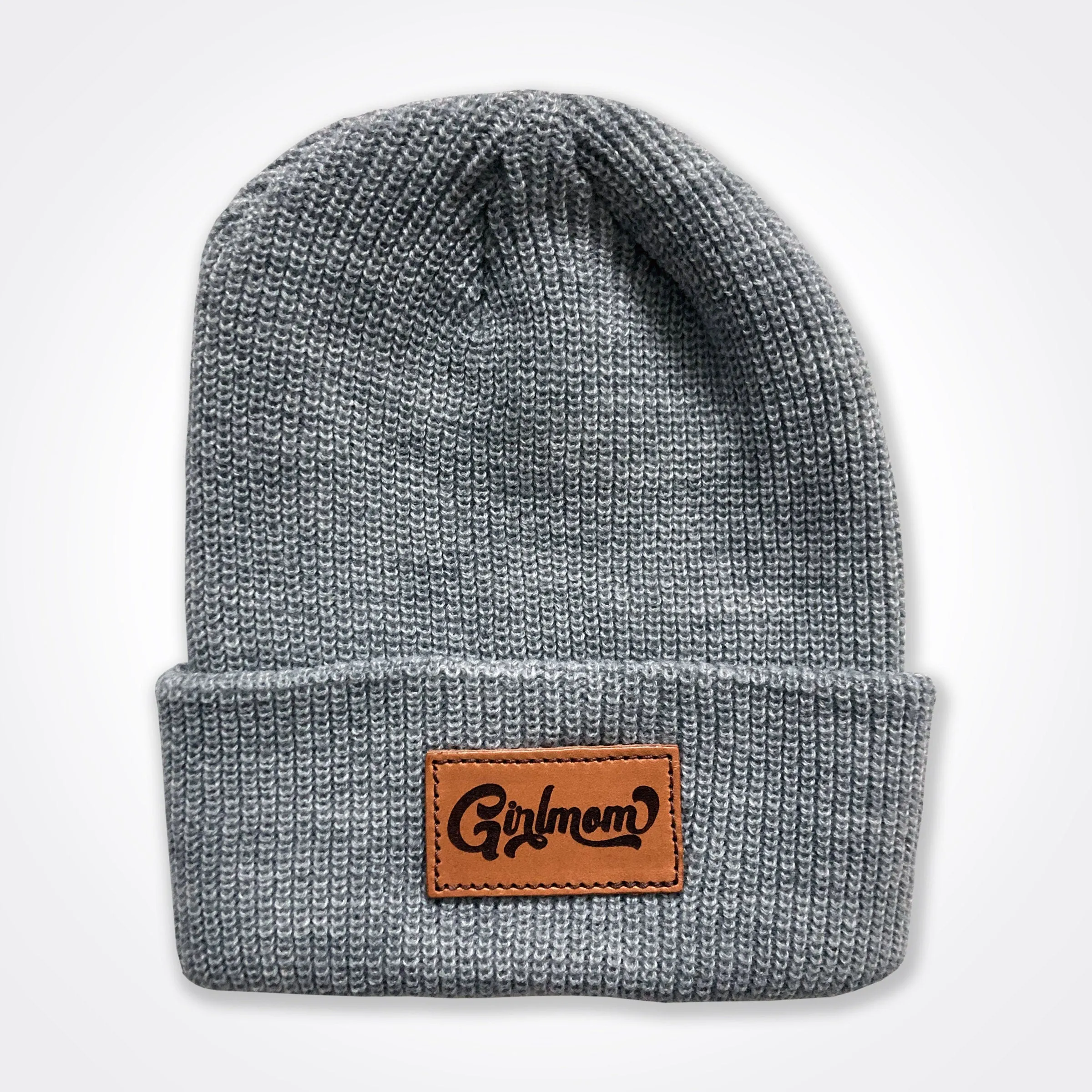 Girlmom® Leather Patch Classic Beanie In Light Grey, Black, Grey