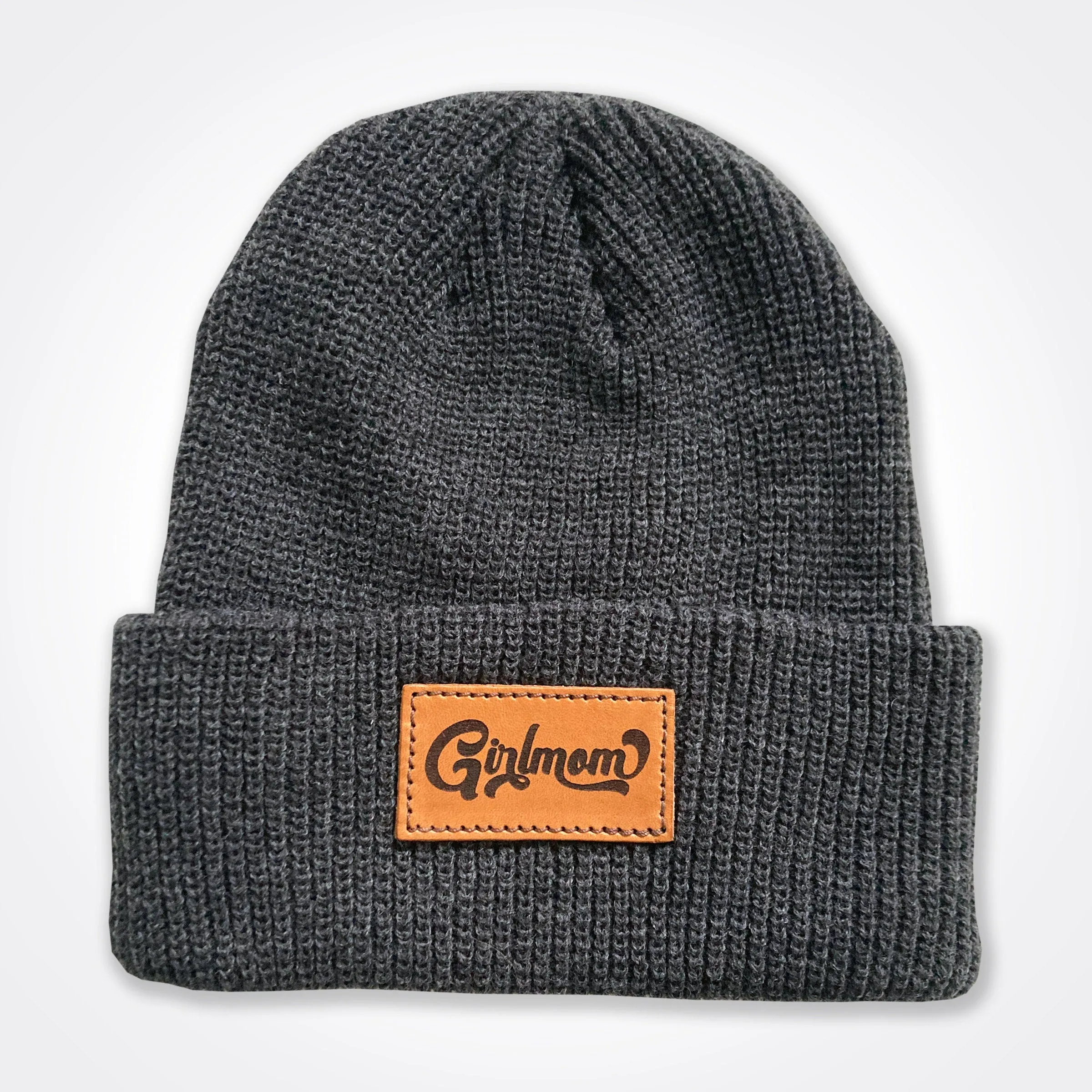 Girlmom® Leather Patch Classic Beanie In Light Grey, Black, Grey