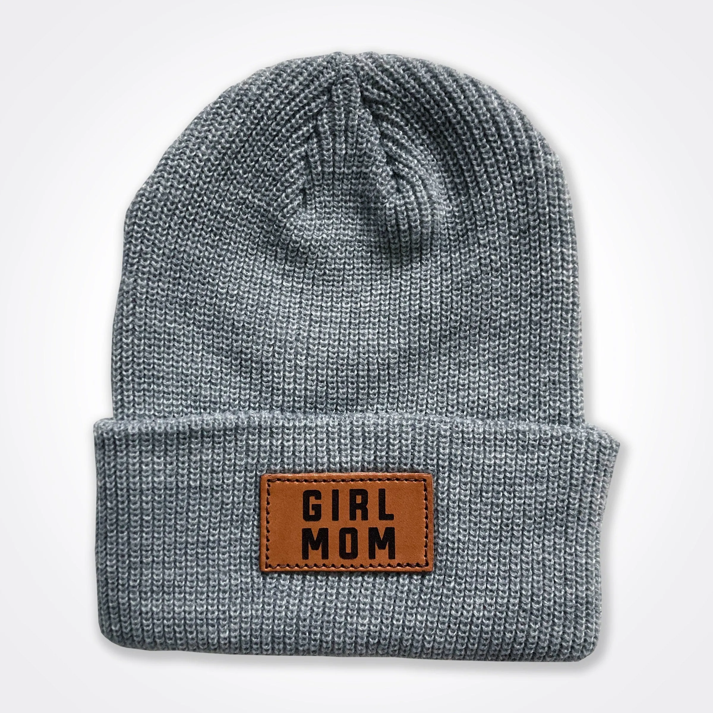 Girlmom® Leather Patch Classic Beanie In Light Grey, Black, Grey