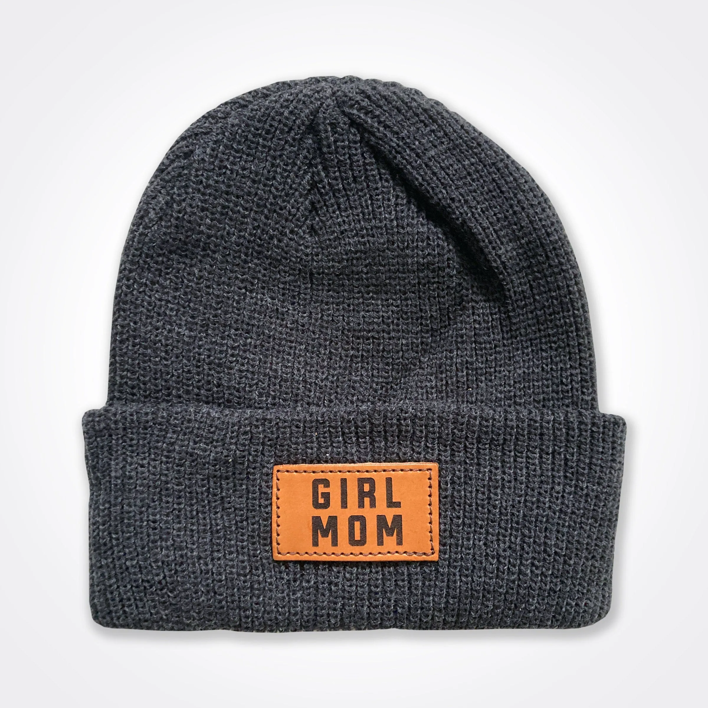 Girlmom® Leather Patch Classic Beanie In Light Grey, Black, Grey