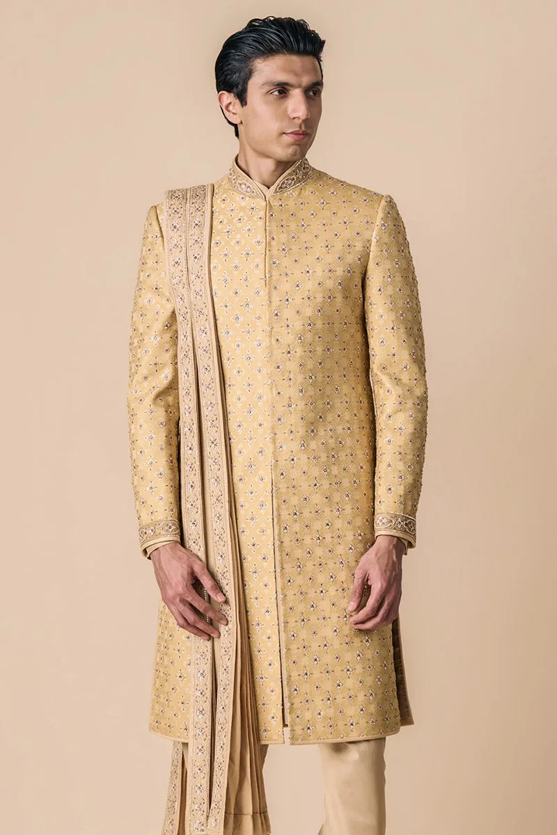 Gold All Over Resham Embroidered Pleated Stole