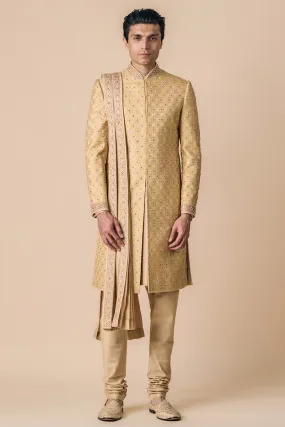 Gold All Over Resham Embroidered Pleated Stole