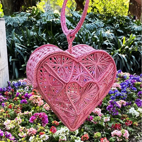 Heart Basket Bag Turquoise - Straw Bag - Iraca Palm Handbag, Top Handle Purse