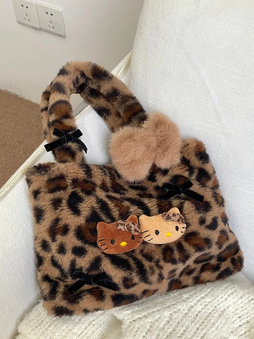 Hellokitty Leopard Print Cute Tote Bags Plush Kawaii Carry on Bag Handbags