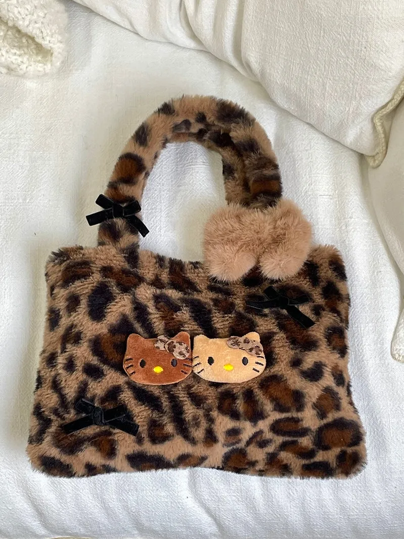 Hellokitty Leopard Print Cute Tote Bags Plush Kawaii Carry on Bag Handbags