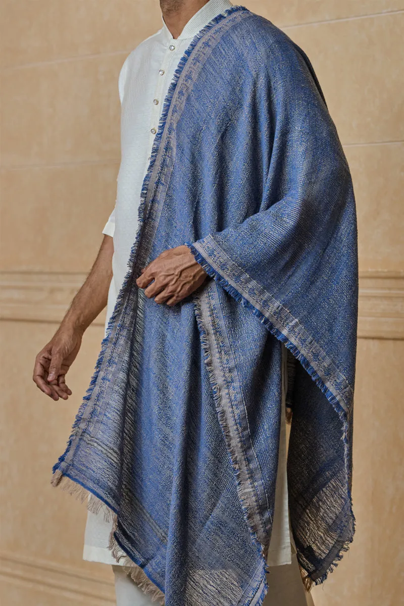 Medium Blue Shawl With Satin Border Detailing