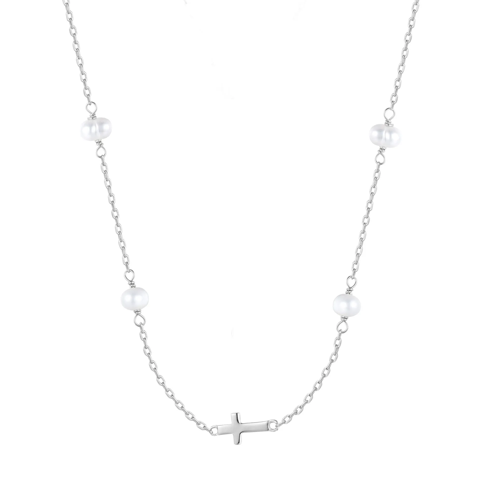 MIKALA CROSS FRESHWATER PEARL BEADED SILVER NECKLACE