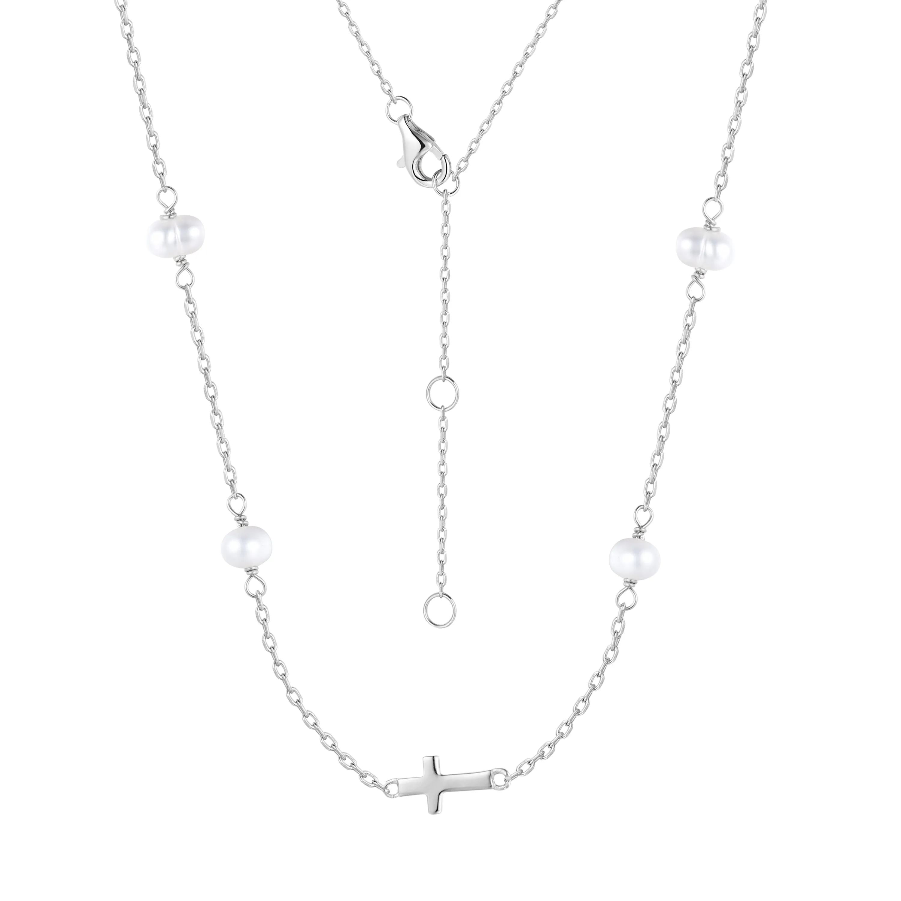 MIKALA CROSS FRESHWATER PEARL BEADED SILVER NECKLACE