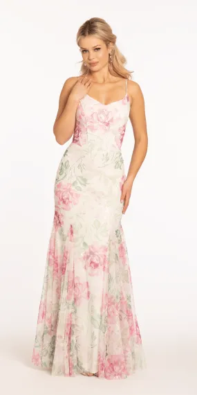 Pastel Floral V Neck Corset Mesh Trumpet Dress with Mesh Godets