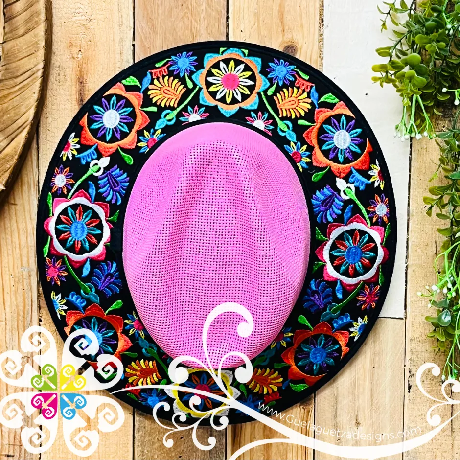 Pink Embroider Summer Hat - Black Floral Rim