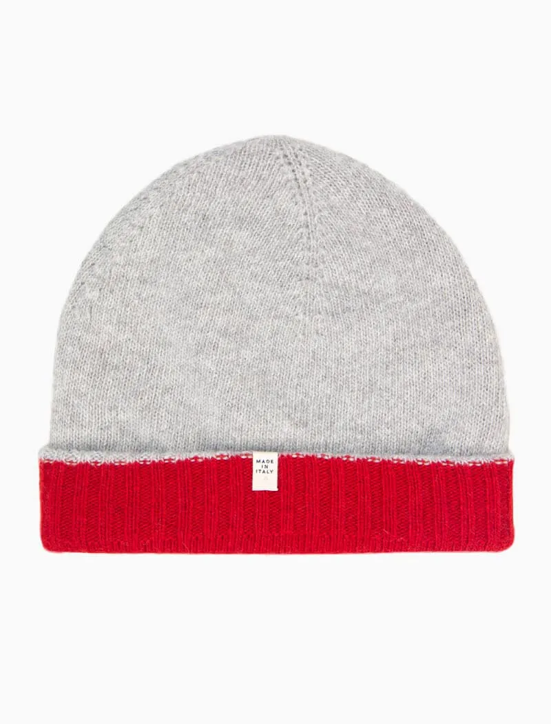 Red & Light Grey Reversible Fitted Wool & Cashmere Beanie