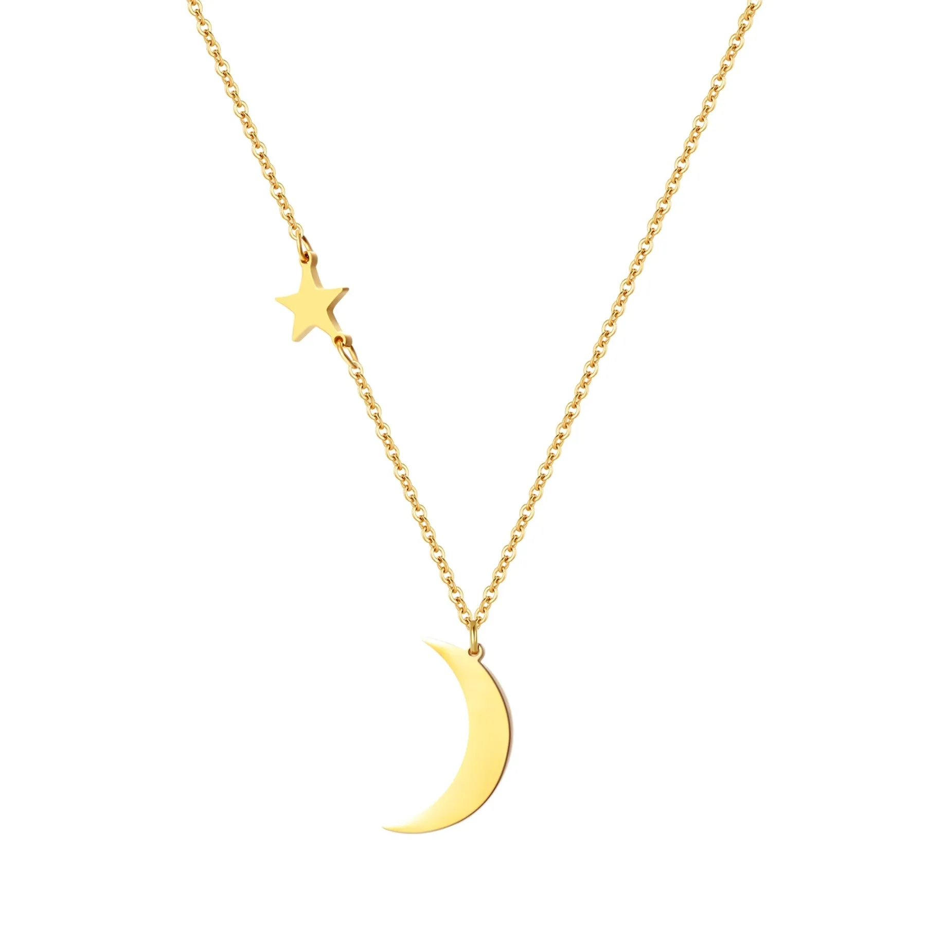 Star and Moon Pendant Necklace Gold