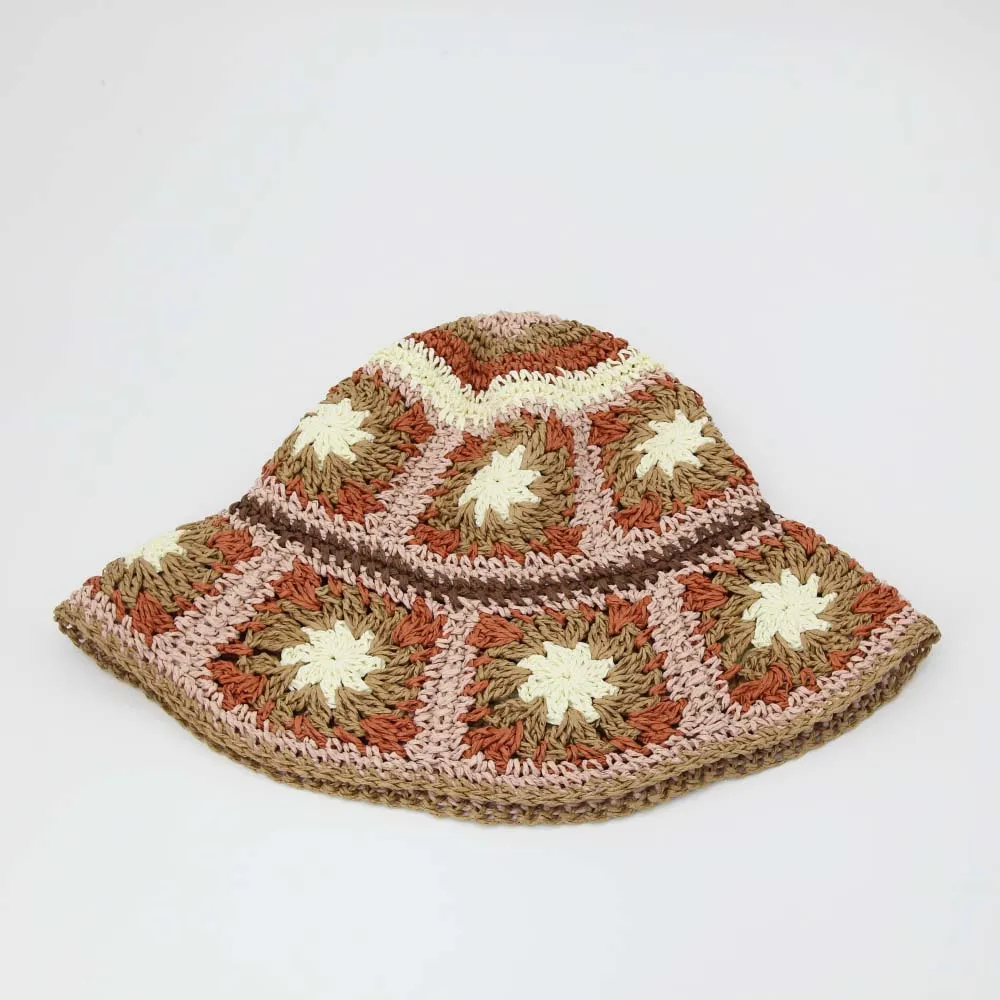 Straw Crochet Bucket Hat in Floral Pink Orange Brown & Cream