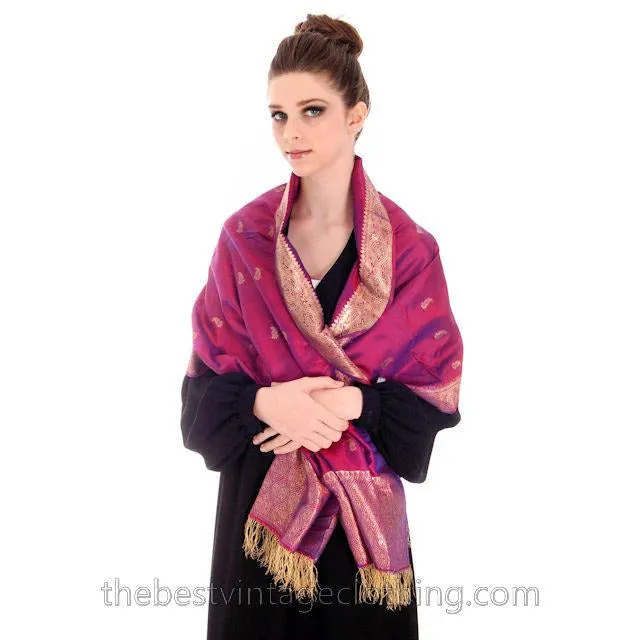 Vintage Violet Silk Scarf /Shawl Gold Metallic Paisley Trim & Fringe 1920s
