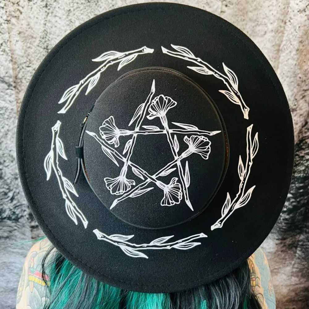 Wide Brim Flat Top Hat Floral Pentacle