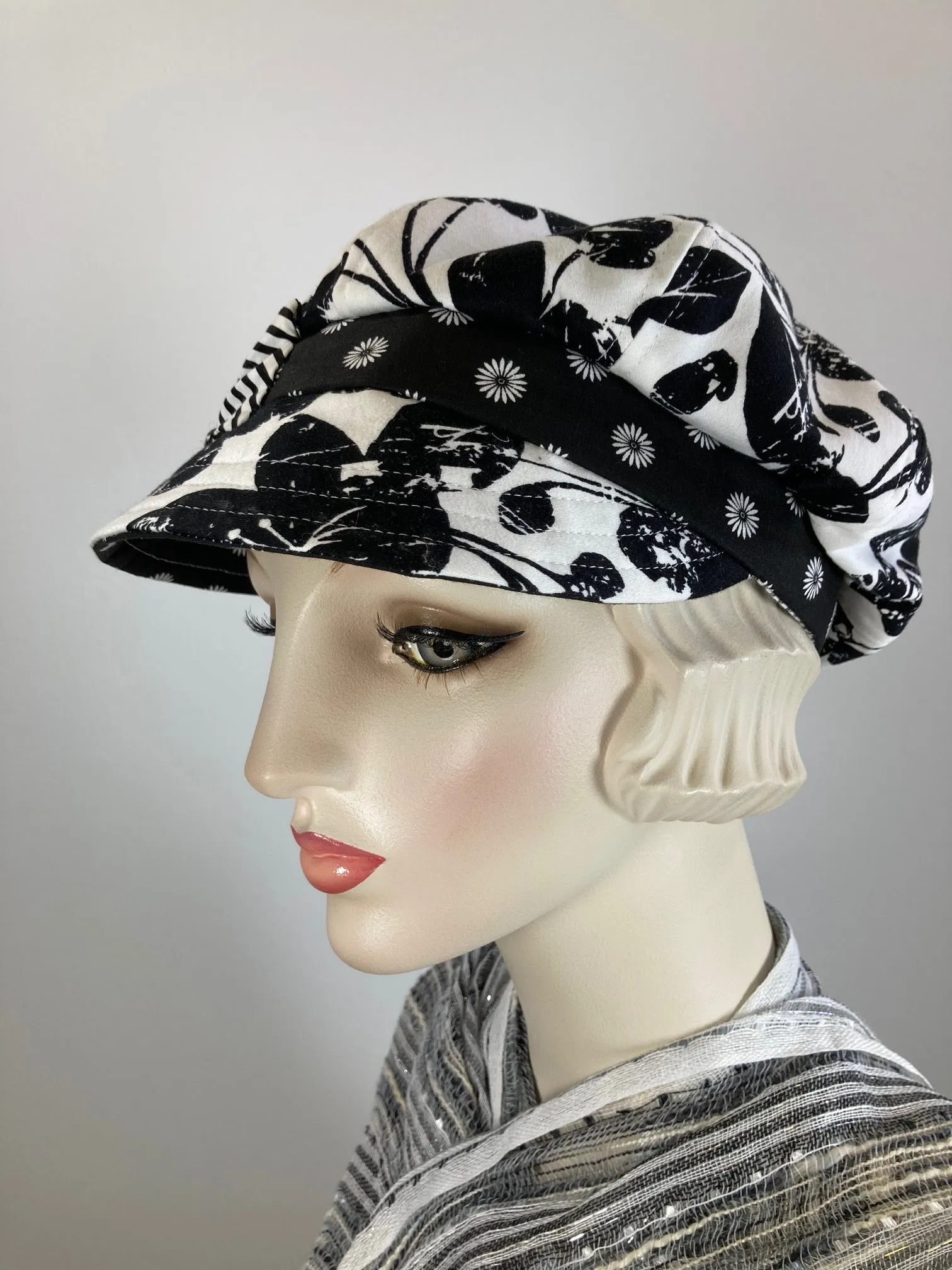 Womens Newsboy hat Black and White. Ladies Newsboy Hat. Summer Visor Cap. Soft Travel Fabric Hat. Sustainable fashion apple paperboy hat.